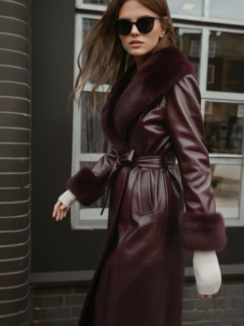 Faux Leather Coat with Faux Fur Collar, Long Sleeve Winter Coat with Belt - Picture 2 of 7